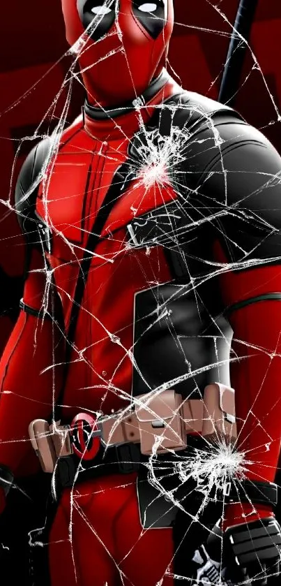 Dynamic red superhero with weapons on mobile wallpaper.