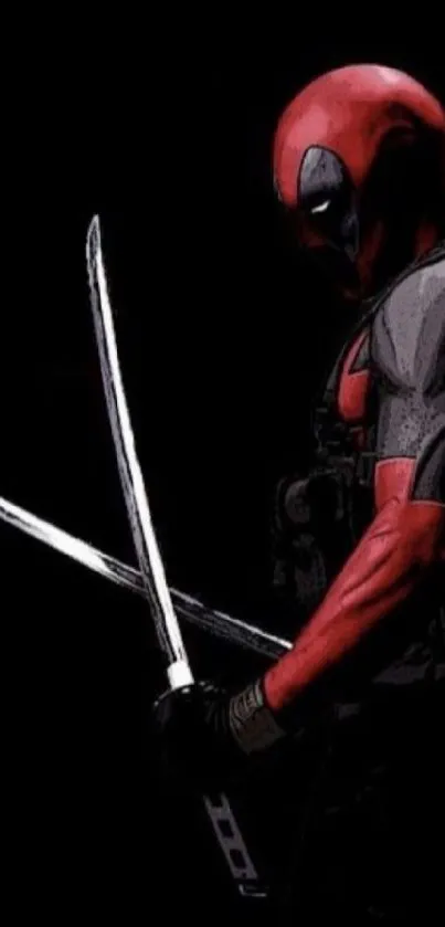 Red-masked superhero with swords on black background.