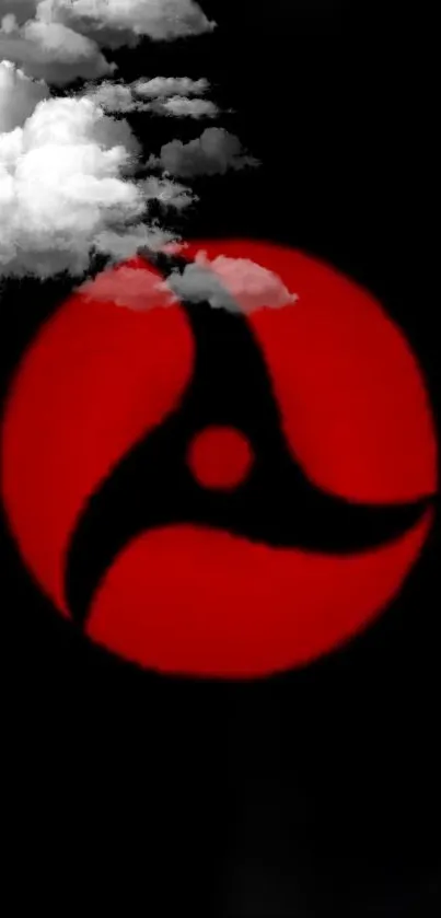 Red symbol with clouds on black background.