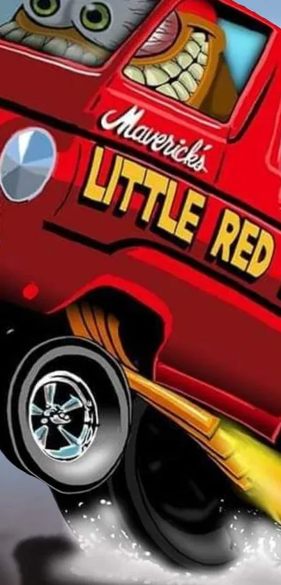 Cartoonish red truck with flames design.