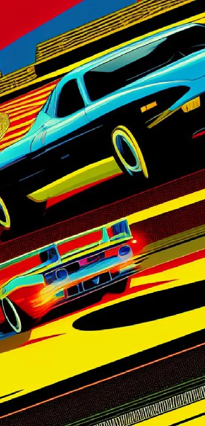 Retro-styled cars racing in vibrant colors.