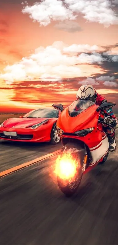 Motorcycle and car racing into the sunset on open road.