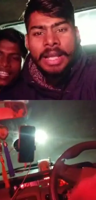 Two friends enjoy a nighttime road trip inside a car, capturing the exciting drive.