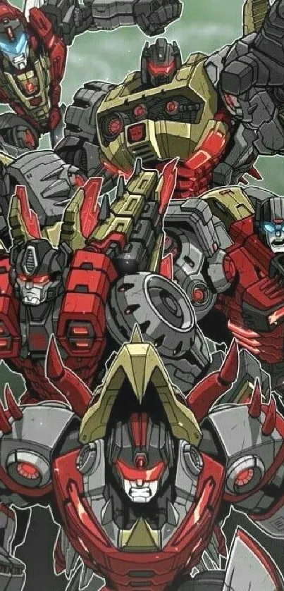 Epic robot creatures in a red and gray dynamic wallpaper for mobile screens.