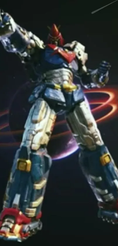 Dynamic robot with cosmic background wallpaper.