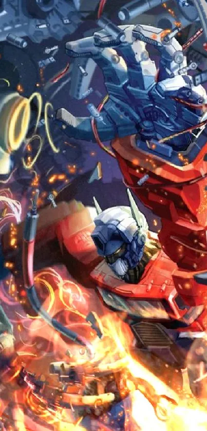 Epic robot battle scene with a dynamic red and blue mechanical design.