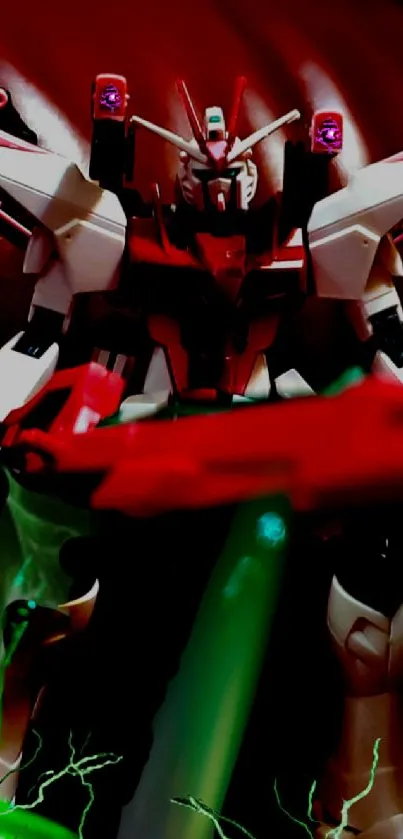 Dynamic robot battle scene with red and green colors.