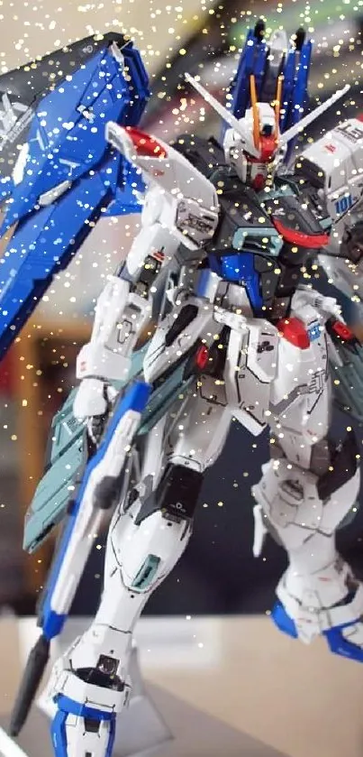 Intricate Gundam-style robot model wallpaper with blue highlights.