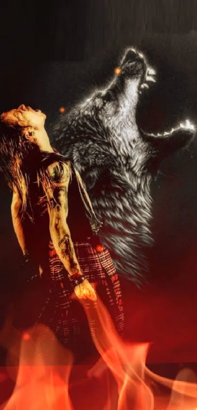 Rock performer and wolf in a dynamic, artistic phone wallpaper.