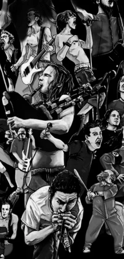 Black and white collage of rock band musicians.