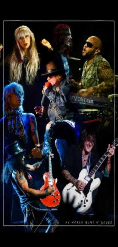 Vibrant collage of rock band performers on stage.