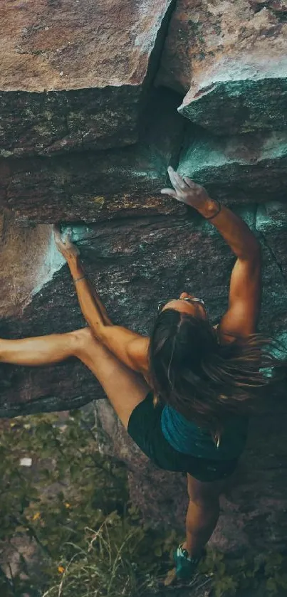 A rock climber scaling a rugged cliff, showcasing strength and adventure.