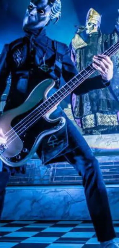 Masked musician playing guitar on stage with vibrant blue lighting.