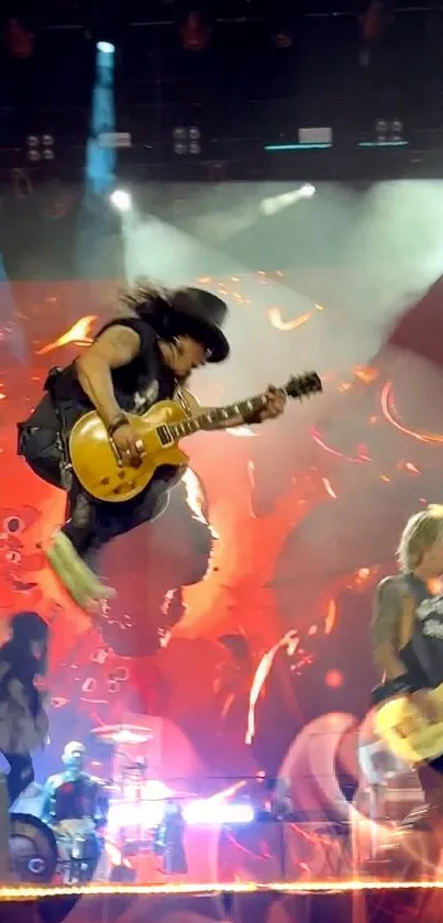 Energetic guitarist jumping with electric guitar on a vibrant stage background.