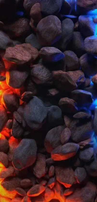 Rocks with blue and orange neon glow illuminating the surface.