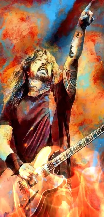 Artistic depiction of a guitarist with vibrant colors and electric energy.