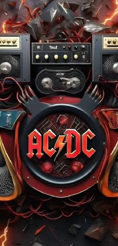 Electrifying rock-themed wallpaper featuring speakers and a band logo.