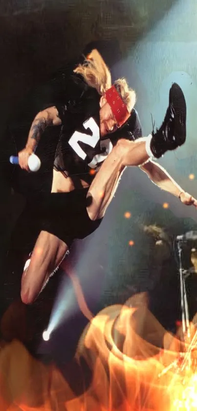 Rock musician jumping mid-performance on stage.