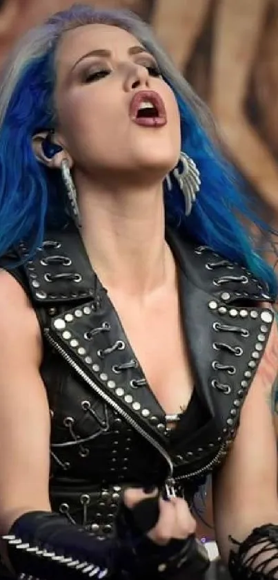 Rock star passionately performing on stage with blue hair and leather outfit.