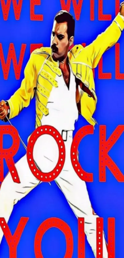 Rock star in yellow jacket with blue background and bold text.