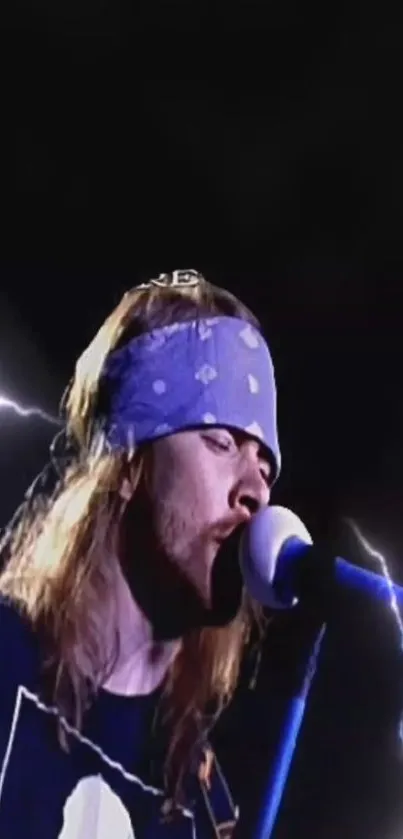 Rock star performing with lightning and microphone on stage.