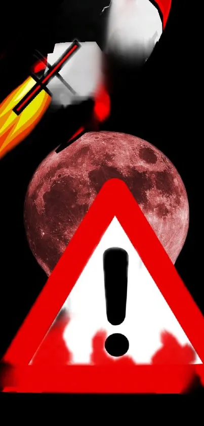 Rocket, moon, and alert symbol on a dark wallpaper background.