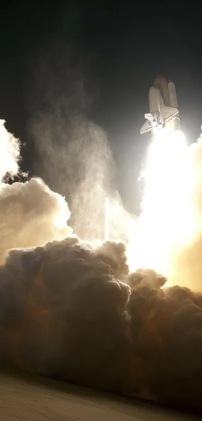 Rocket launching into space with dramatic clouds and fiery glow.