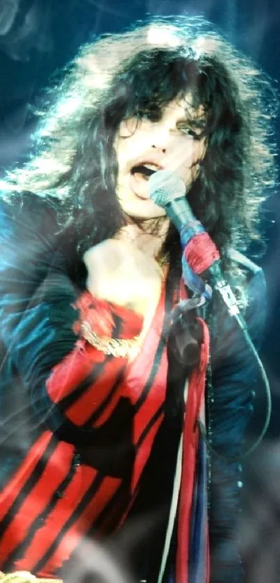 A rockstar passionately performing on stage with vibrant colors and dynamic energy.