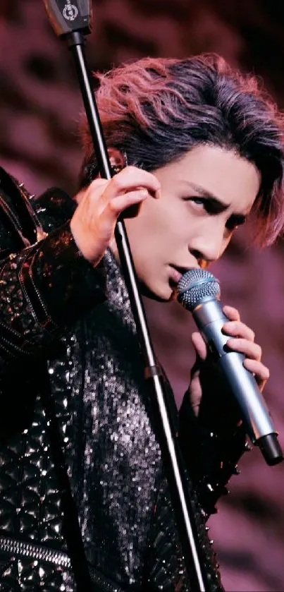 Rockstar performing with microphone in dark magenta tones.