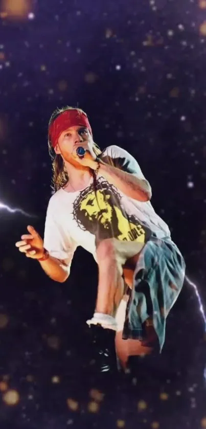 Rockstar performing on stage with starry cosmic backdrop and lightning.