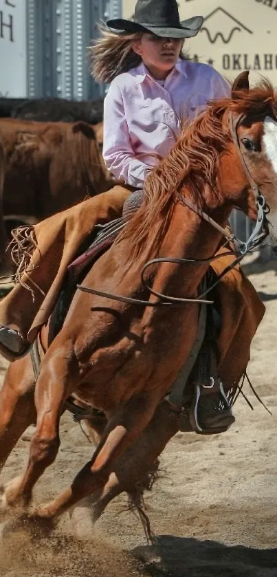 Cowboy skillfully riding a galloping horse in a sandy rodeo arena.