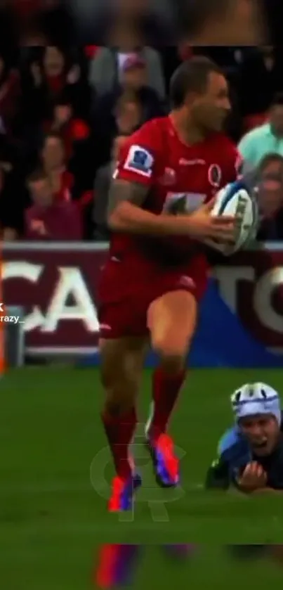 Rugby player in intense action on the field, holding a ball.