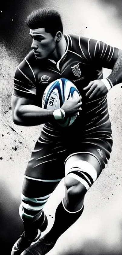 Rugby player artwork in dynamic black and white design.