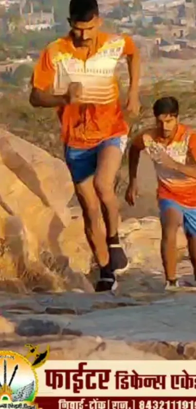 Athletes running uphill in orange attire.