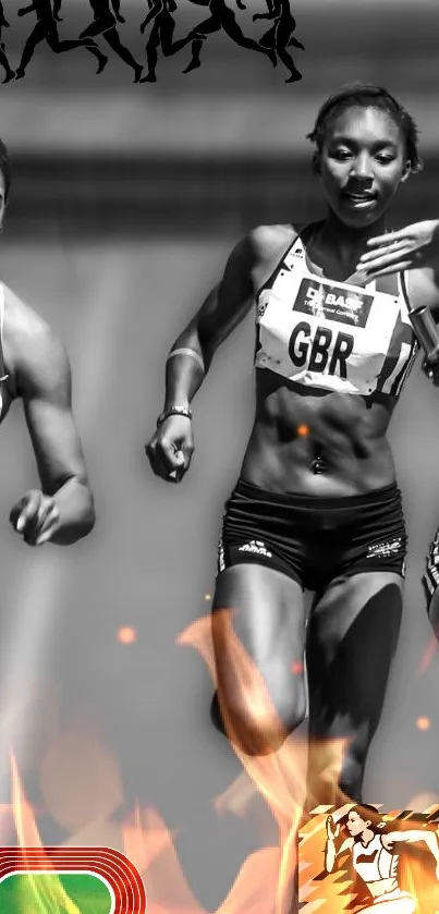 Dynamic black-and-white wallpaper featuring athletes running with fiery accents.