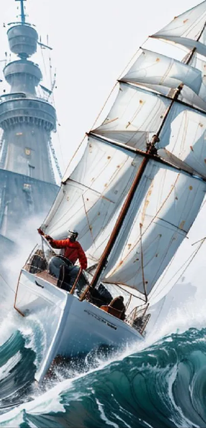 Sailboat on dynamic ocean waves with a tower in the background.