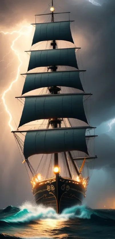 Majestic sailing ship in a stormy ocean under lightning-filled skies.