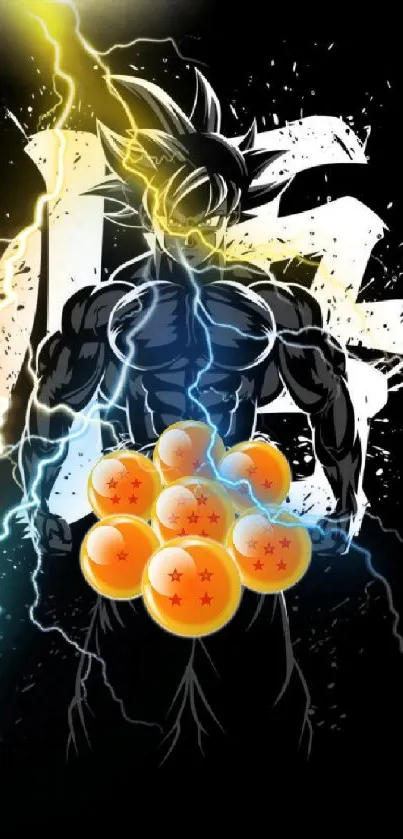 Anime Saiyan character with lightning and dragon balls on dark background.