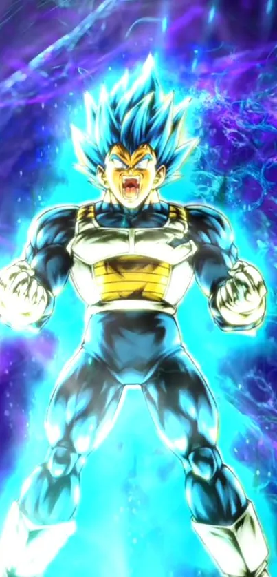 Saiyan character in blue energy burst with vibrant background