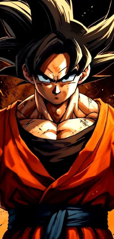 Anime character with spiky hair and orange outfit in a powerful stance.