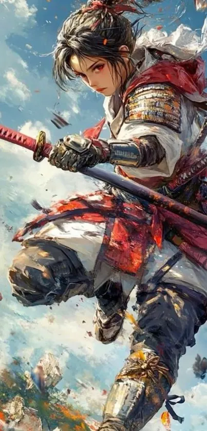 Samurai in action with vibrant anime style.