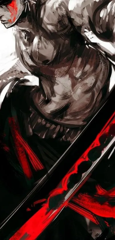 Dynamic anime samurai artwork with bold red accents.