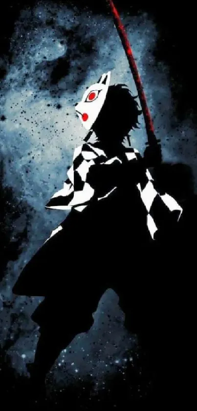 Silhouette of a samurai with a cosmic background in a dynamic phone wallpaper.