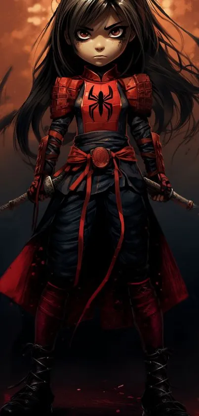 Samurai themed wallpaper with fierce warrior in red.