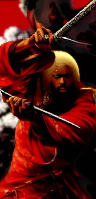 Samurai warrior in vibrant red attire, holding swords.