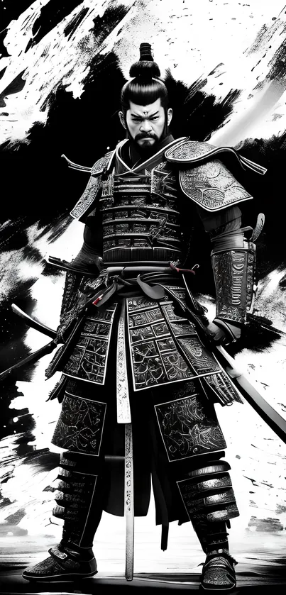 Black and white samurai warrior art in traditional armor.