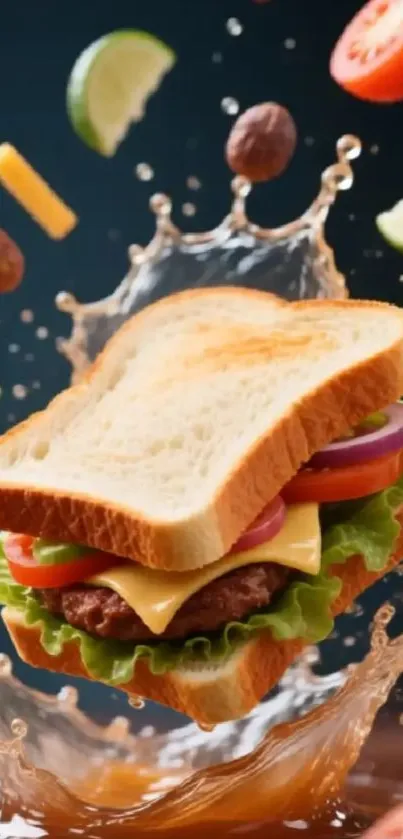 Dynamic sandwich splash with fresh ingredients in the air.