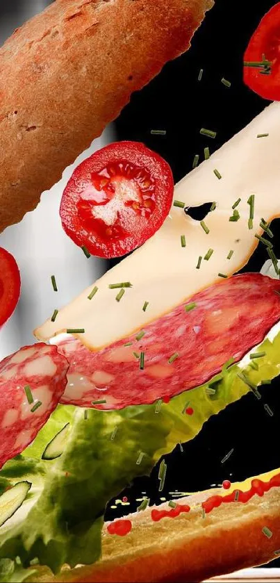 Floating sandwich ingredients in artistic arrangement.