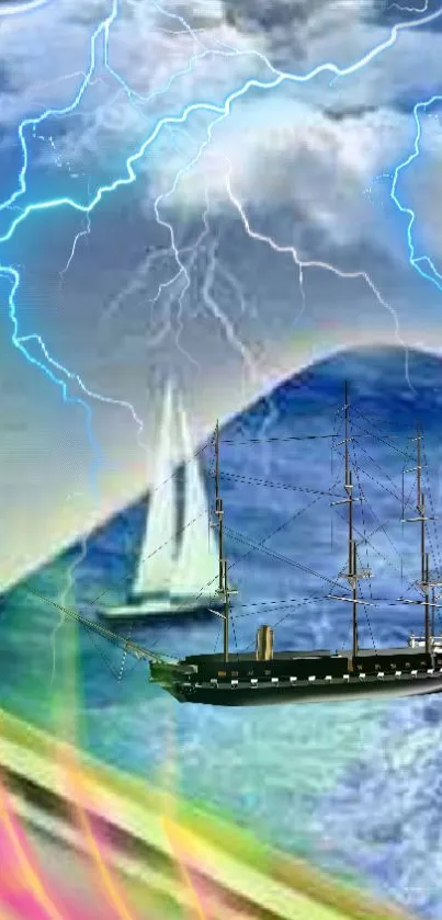 Sailing ship on stormy sea with lightning and clouds in dynamic artwork.