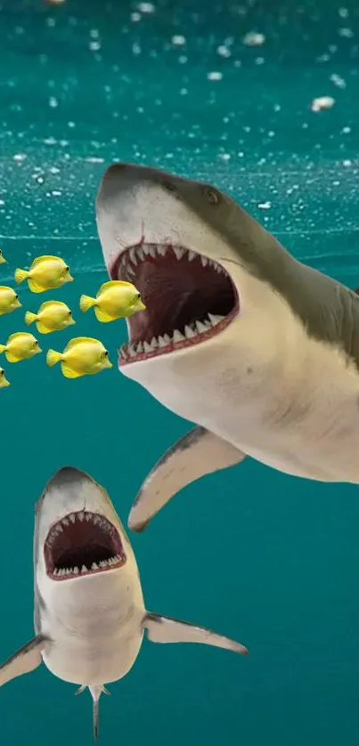 Sharks swim alongside yellow fish in deep teal ocean.